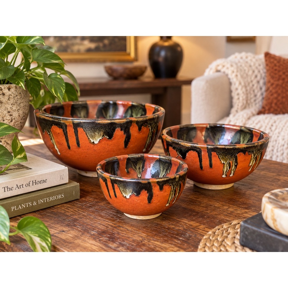 Vintage Potters Brown Edom Texas Studio Pottery Nesting Bowls Set of 3 Signed